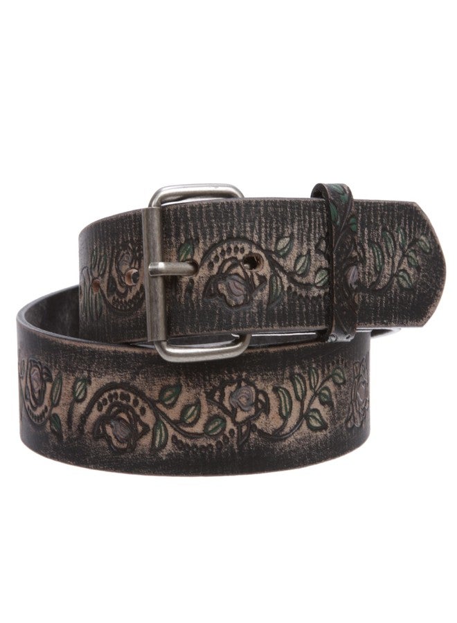 Beltiscool حزام من الجلد الطبيعي المدبوغ بالزيت، أسود اللون، مقاس 38 بوصة، مزود بزر كبس، بنقشة شجرة مزخرفة بالزهور، عرضه 1.5 بوصة | - Image 2